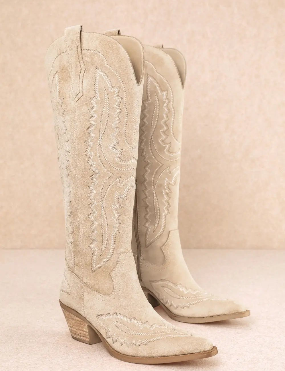 Western Embroidered Tall Boots - Beige6