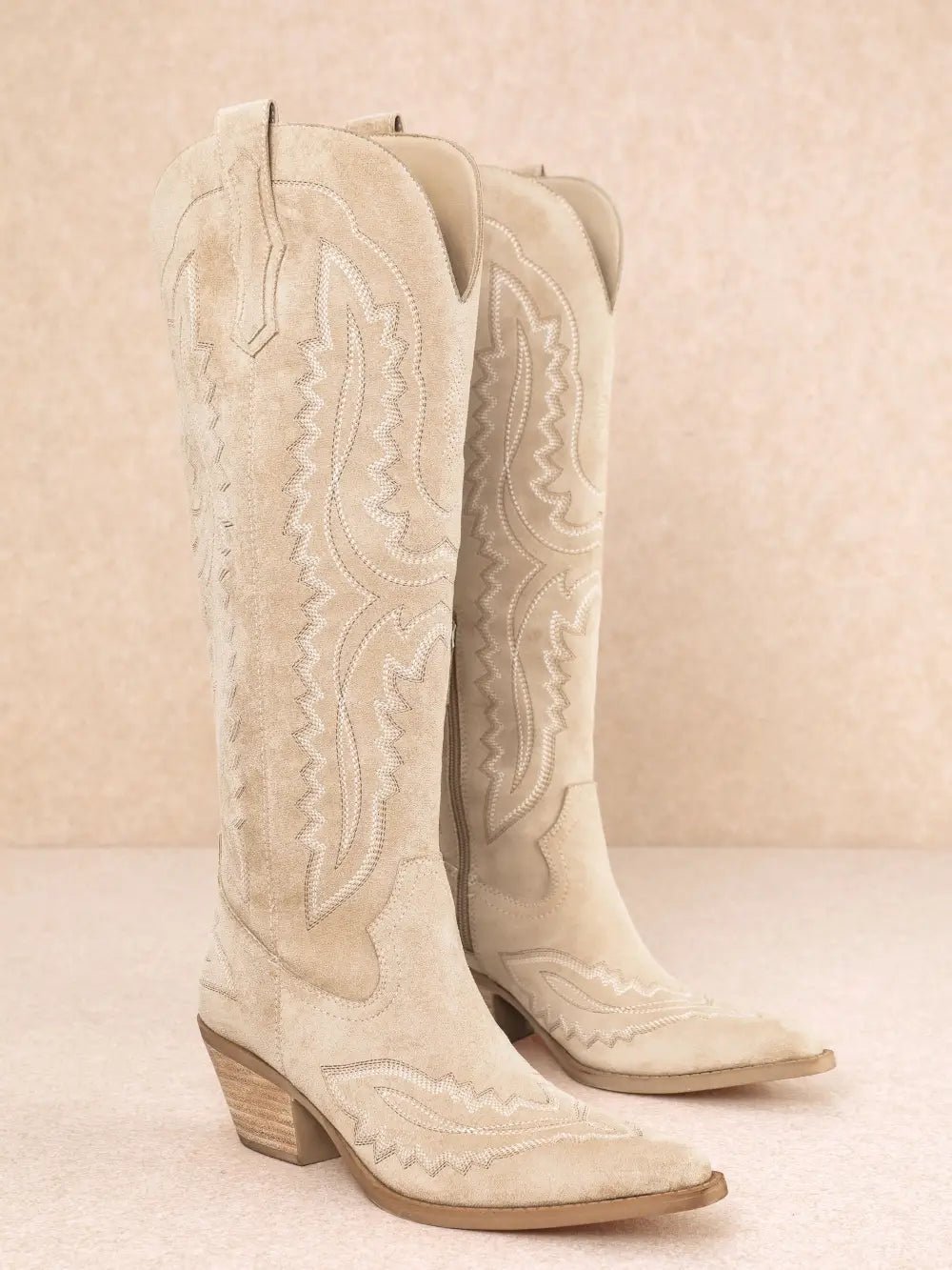 Western Embroidered Tall Boots - Beige6