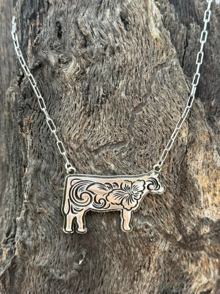 Western Etched Cow Chain Necklace