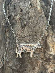 Western Etched Cow Chain Necklace