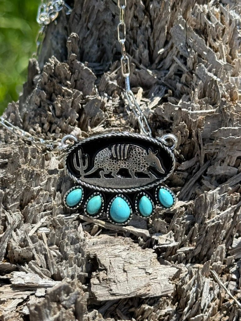 Western Oval Armadillo Turquoise Chain Necklace