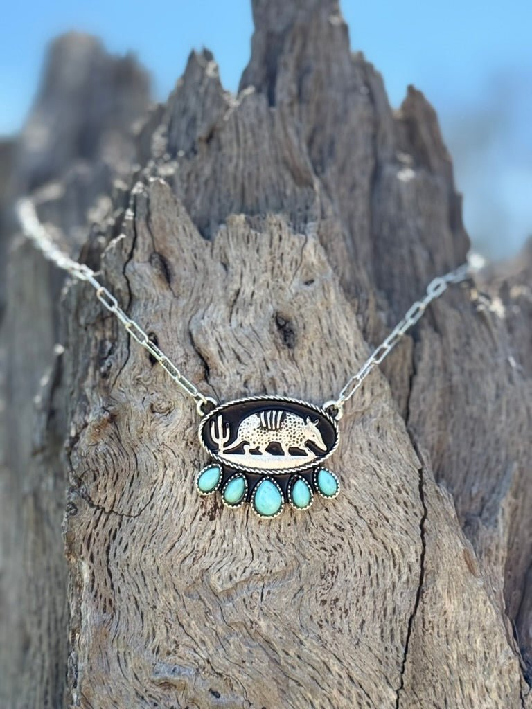Western Oval Armadillo Turquoise Chain Necklace