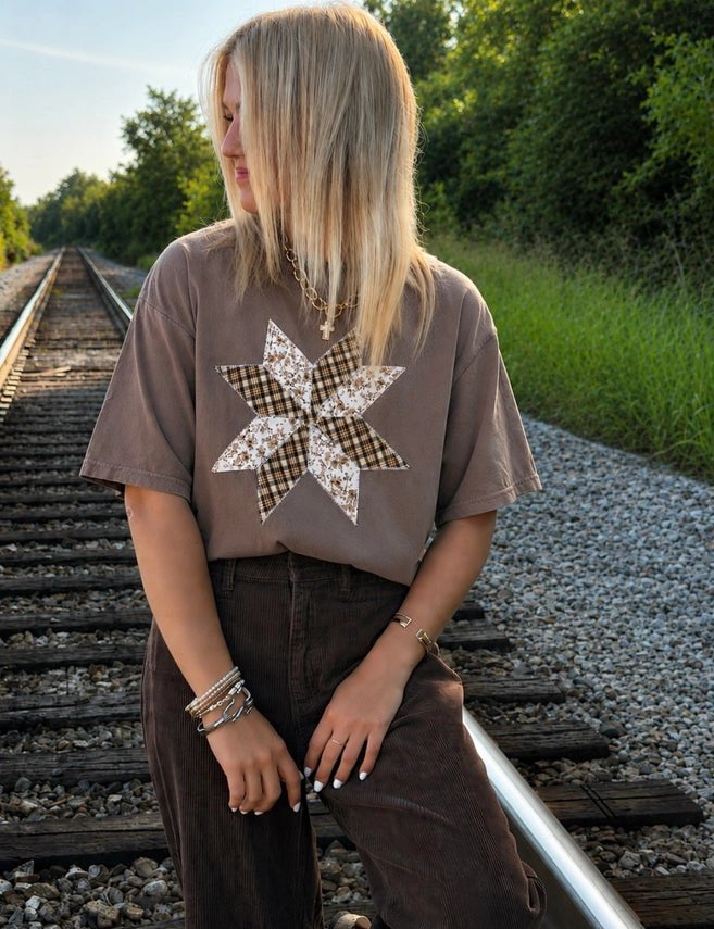 Western Quilted Star Patchwork Tee - BrownS