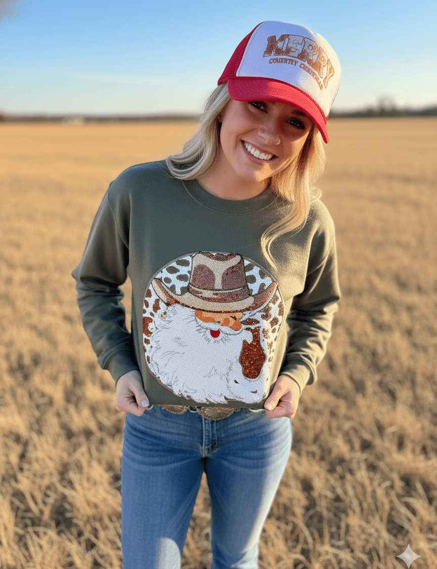 Western Santa Sequin Patch SweatshirtDark GreenS