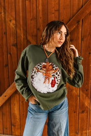Western Santa Sequin Patch SweatshirtDark GreenS