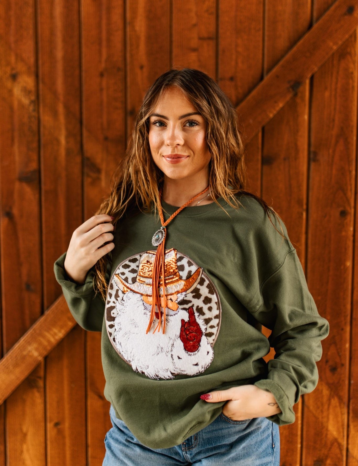 Western Santa Sequin Patch SweatshirtDark GreenS