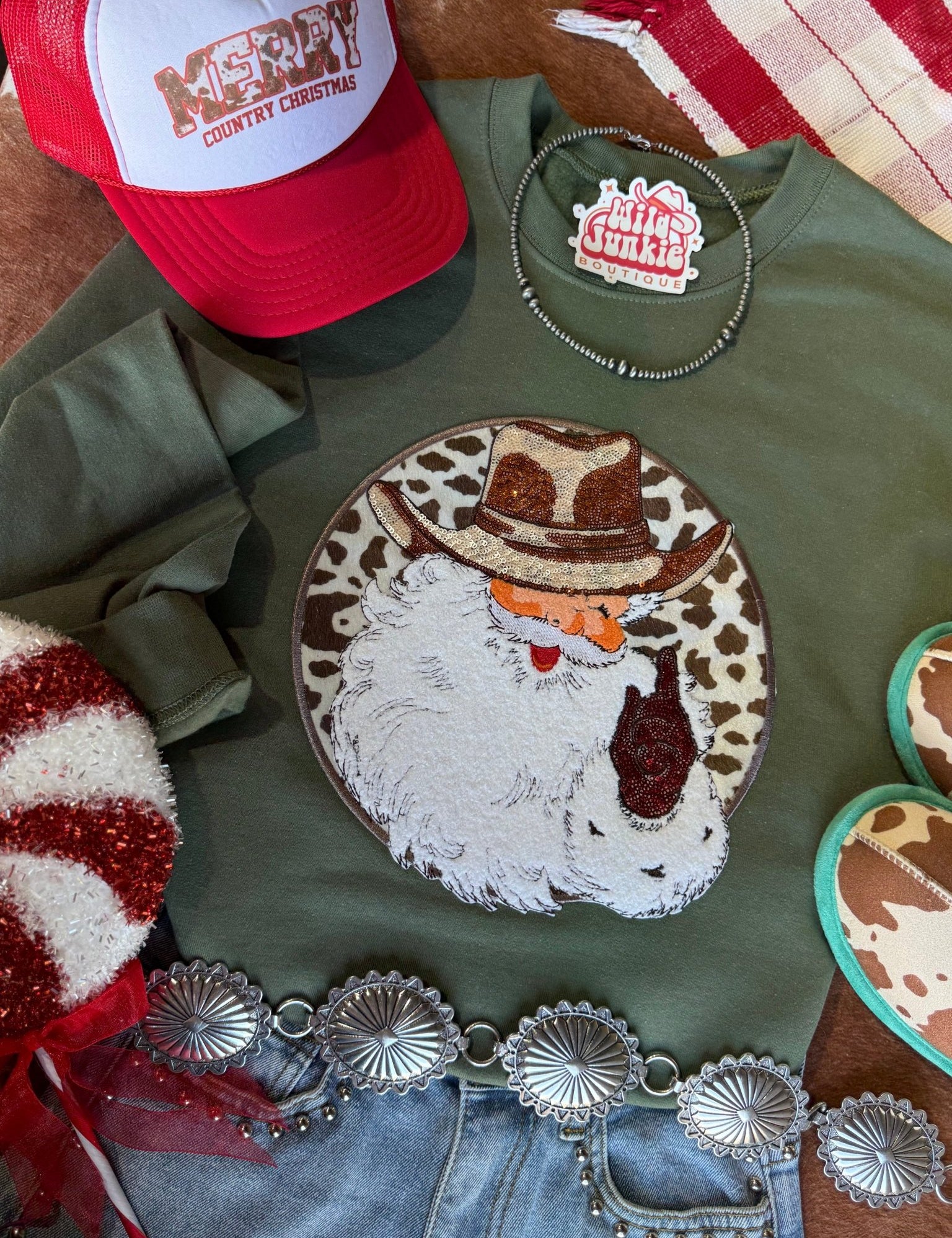 Western Santa Sequin Patch SweatshirtDark GreenS