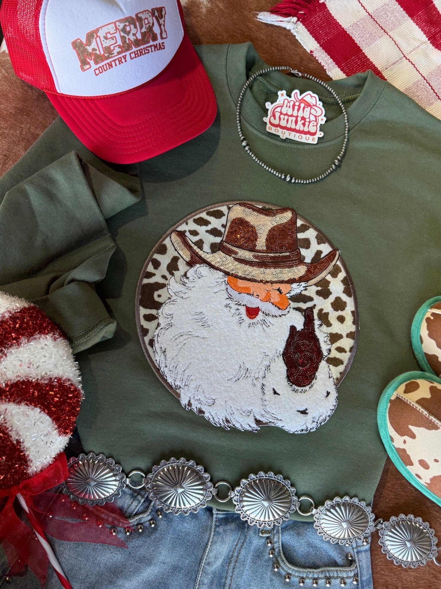Western Santa Sequin Patch SweatshirtDark GreenS