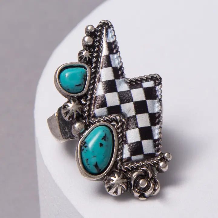 Western Turquoise Checkered Lightning Ring