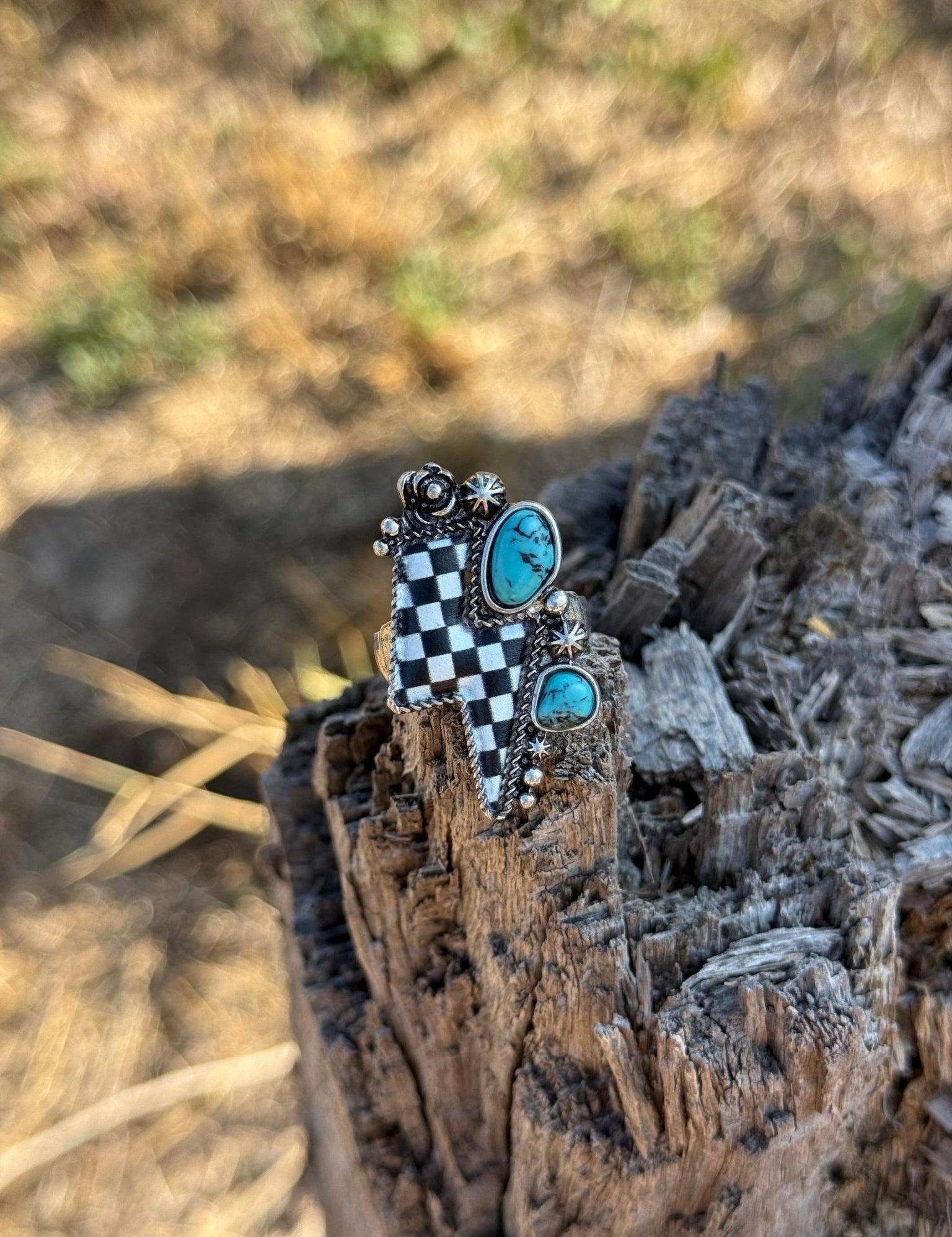 Western Turquoise Checkered Lightning Ring