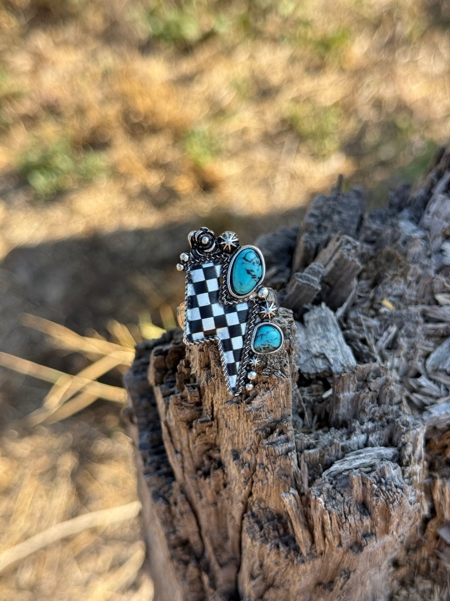 Western Turquoise Checkered Lightning Ring