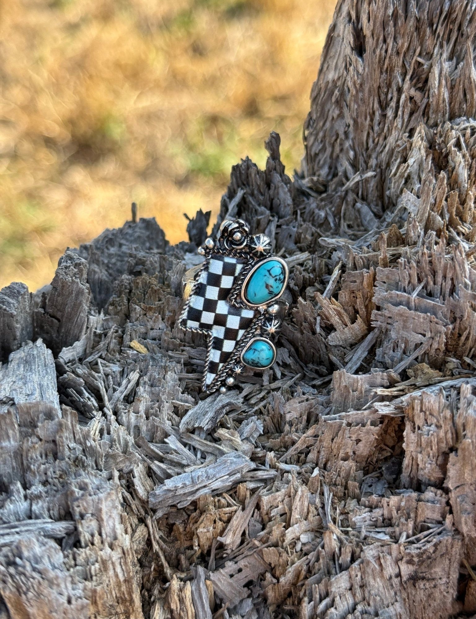 Western Turquoise Checkered Lightning Ring