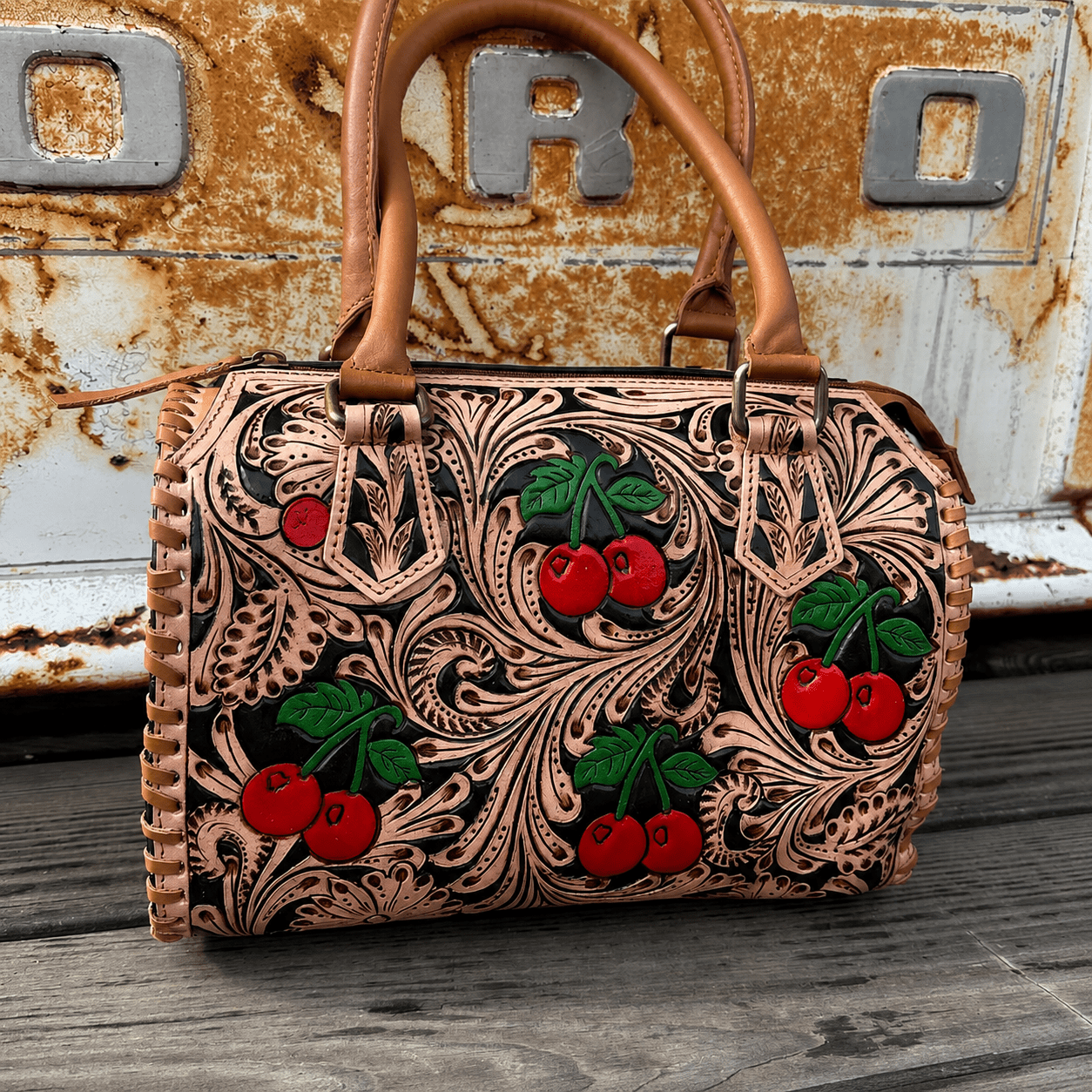 Wild Cherry Tooled Leather Handbag