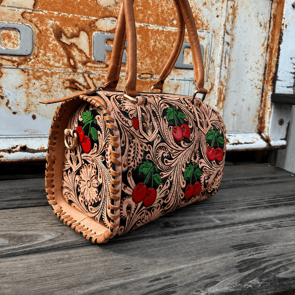 Wild Cherry Tooled Leather Handbag