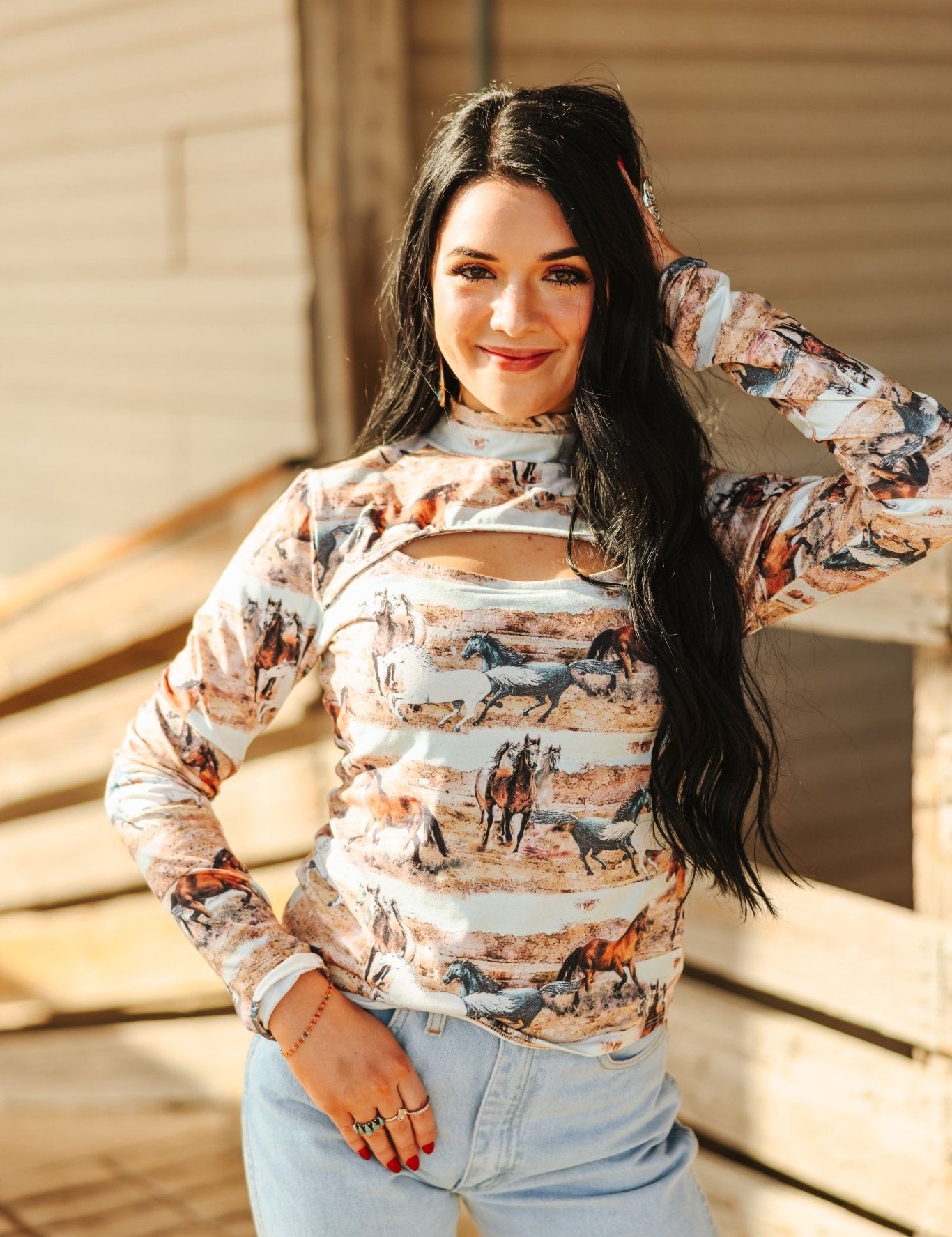 Wild Horses Long Sleeved Keyhole TopS