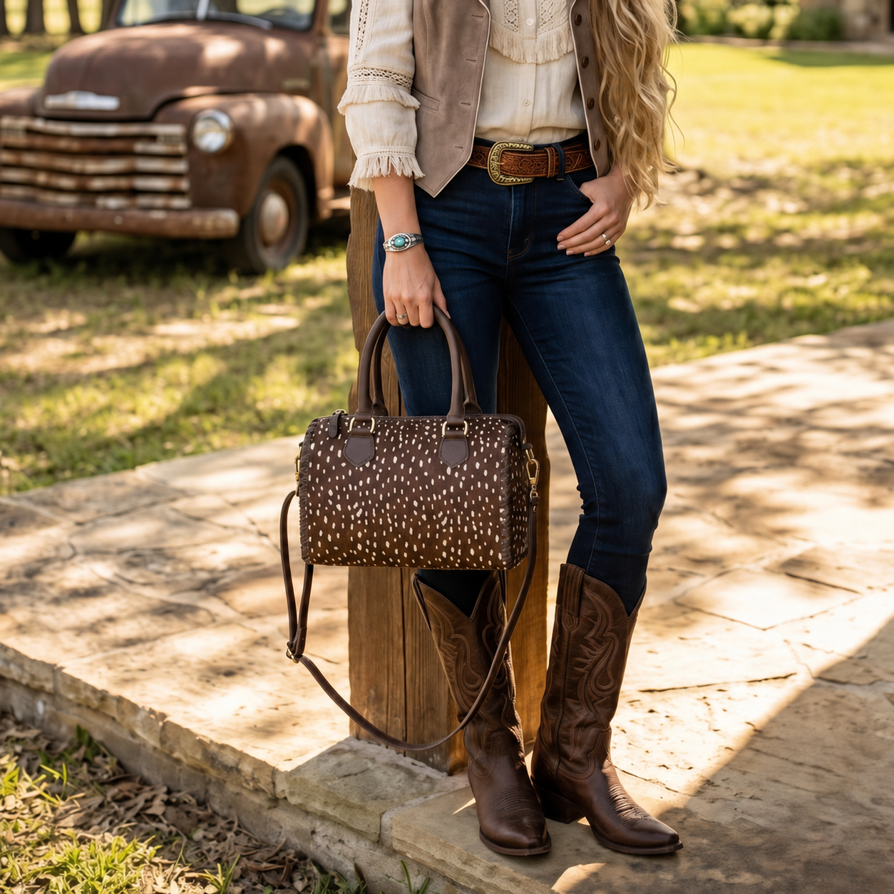 Wild Axis Spotted Cowhide Leather Handbag