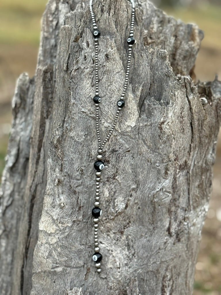 XL 8 Ball Silver Pearl Lariat Necklace