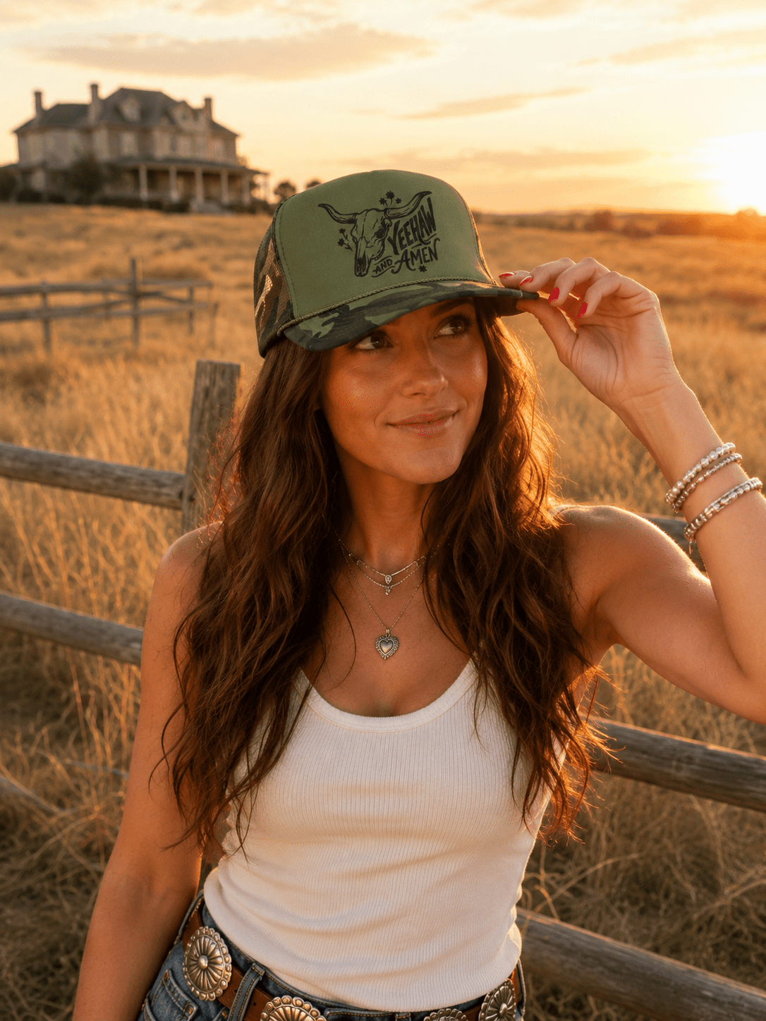 Yeehaw and Amen Longhorn Camo Trucker HatCamo