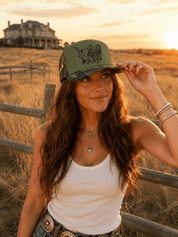 Yeehaw and Amen Longhorn Camo Trucker HatCamo