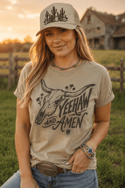 Yeehaw and Amen Longhorn Graphic TeeCoyote BrownS