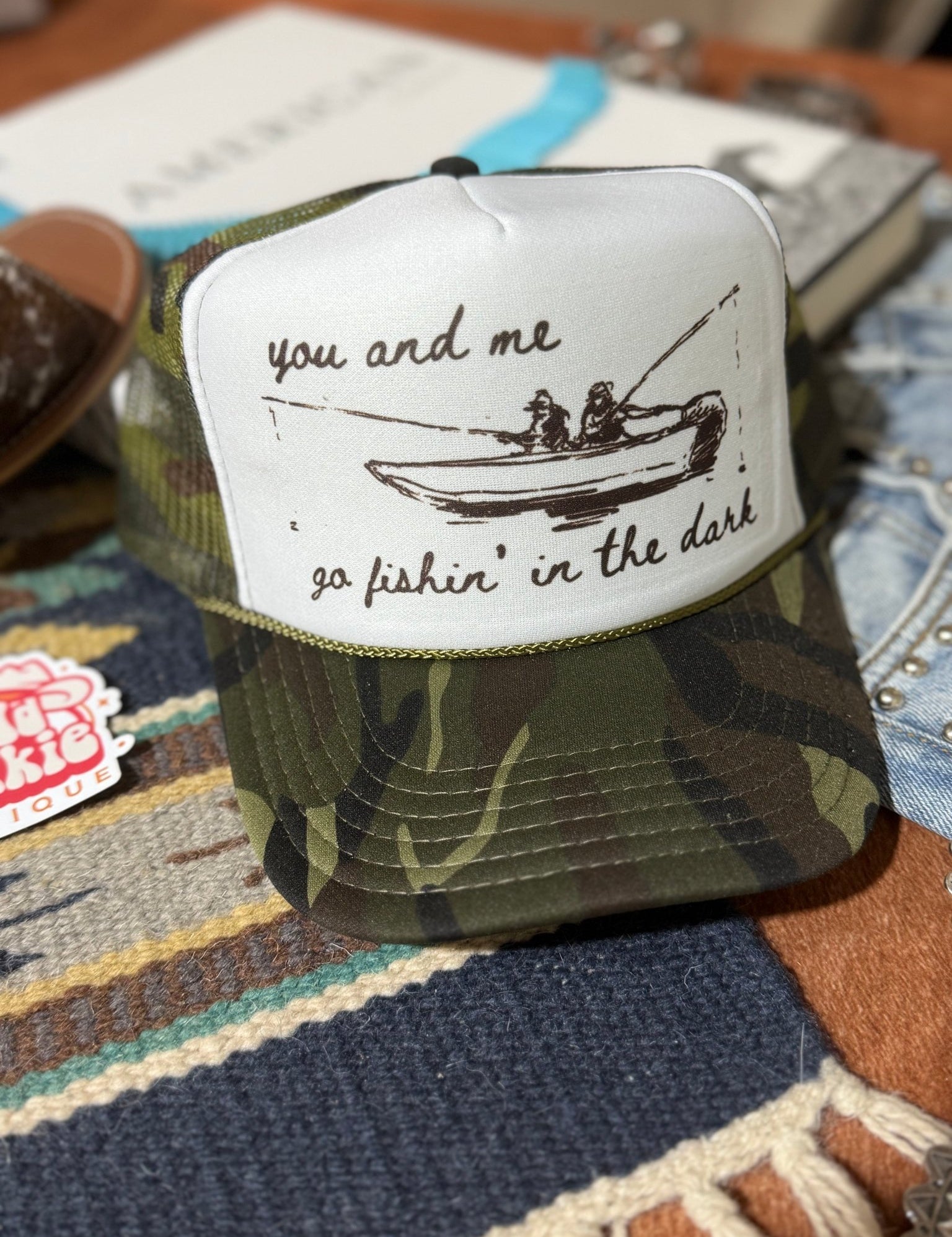 You And Me Go Fishin In The Dark Trucker HatCamo & White