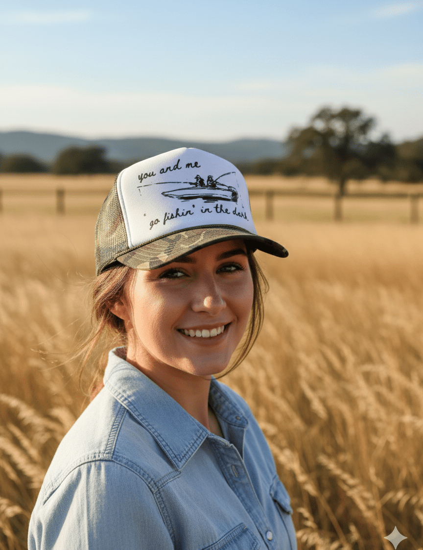 You And Me Go Fishin In The Dark Trucker HatCamo & White