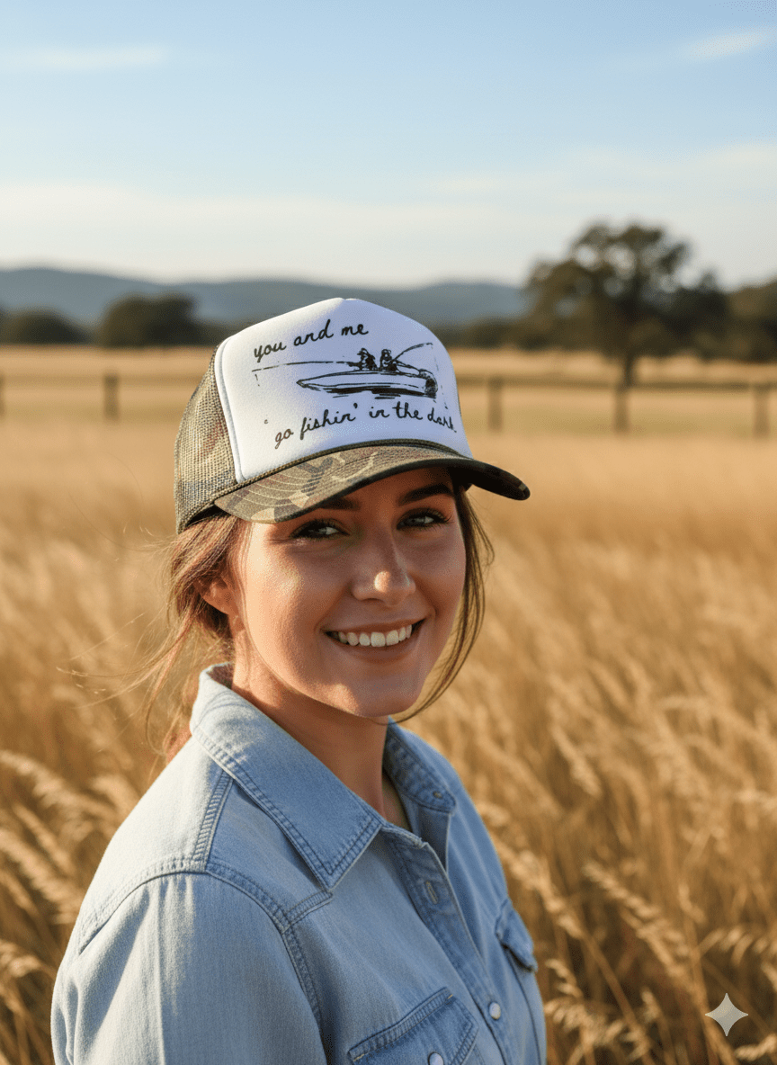 You And Me Go Fishin In The Dark Trucker HatCamo & White