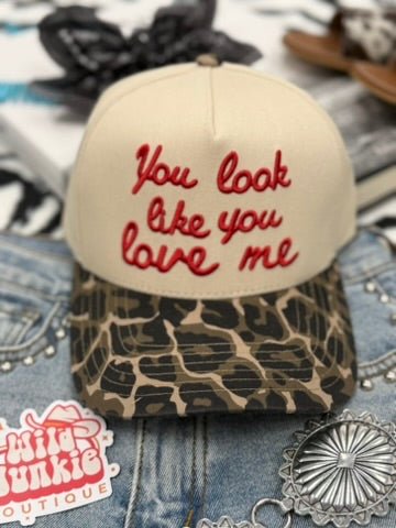 You Look Like You Love Me Embroidered Leopard Trucker Hat