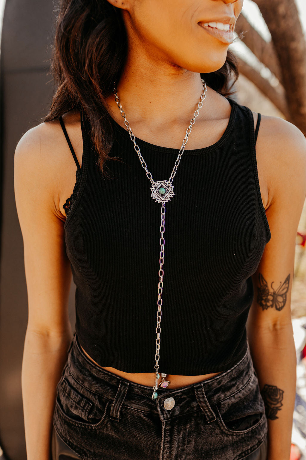 Turquoise Aztec Lariat Chain Necklace