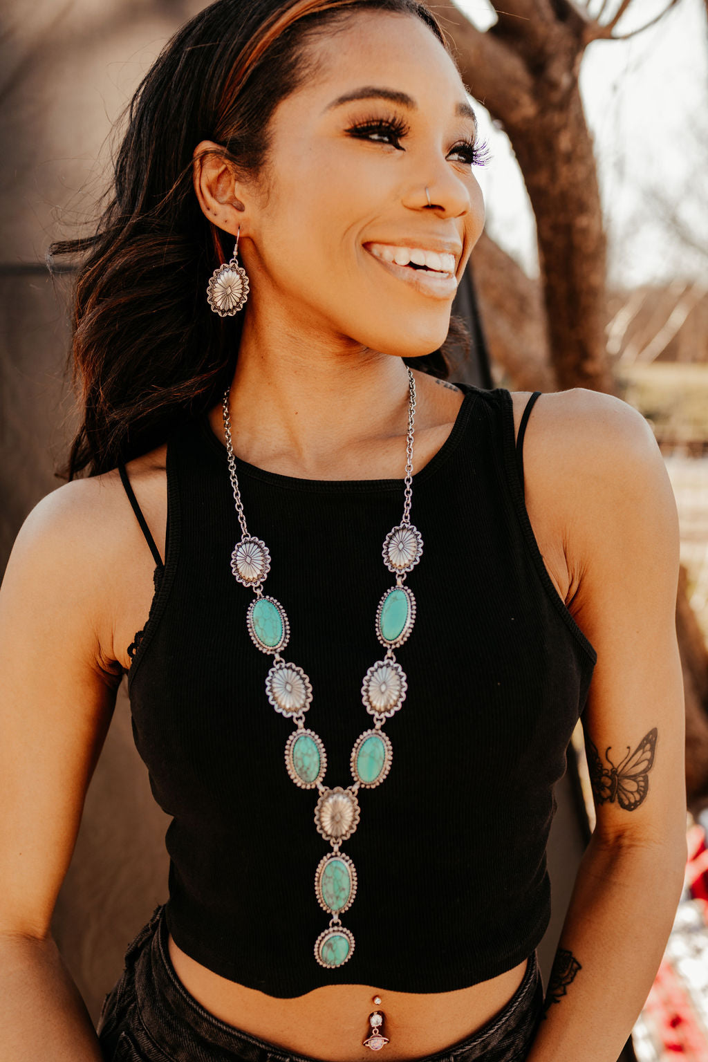Concho and Turquoise Oval Lariat Necklace