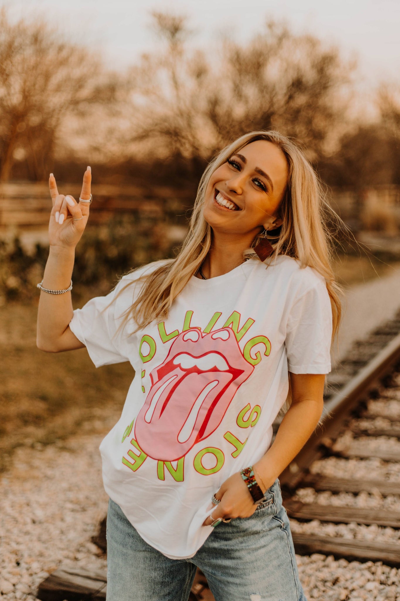 Neon Puffy Paint Rolling Stones White Tee