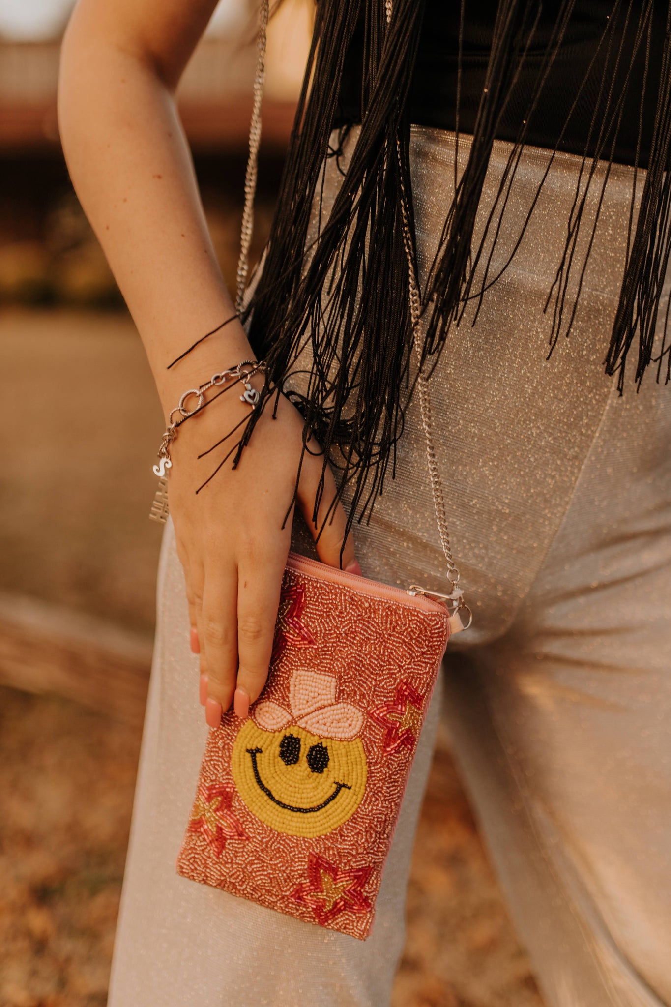 Pink Smiley Seed Bead Crossbody Bag