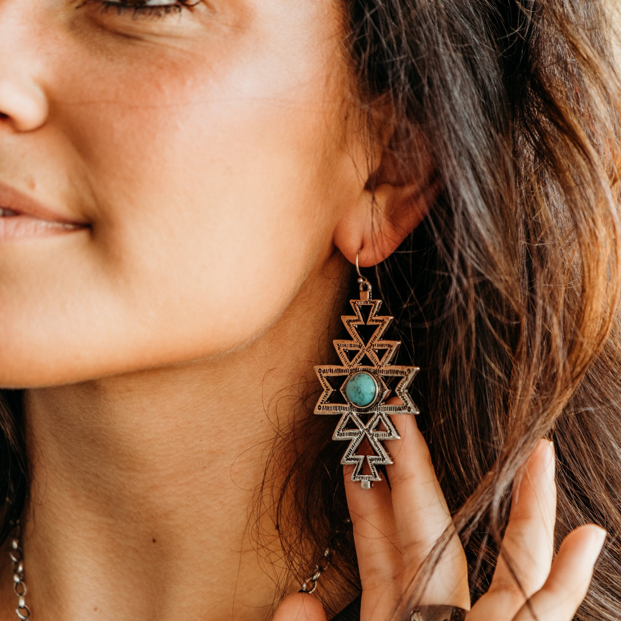 Turquoise Aztec Silvertone Earrings