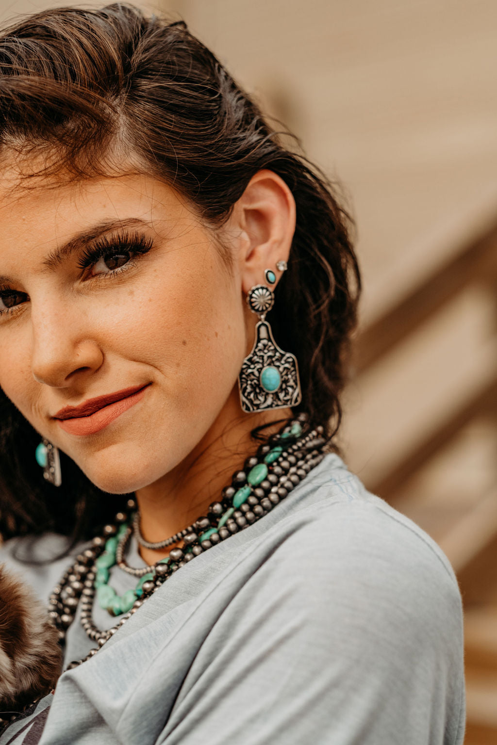 Turquoise and Silver Fleur Cattle Tag Earrings