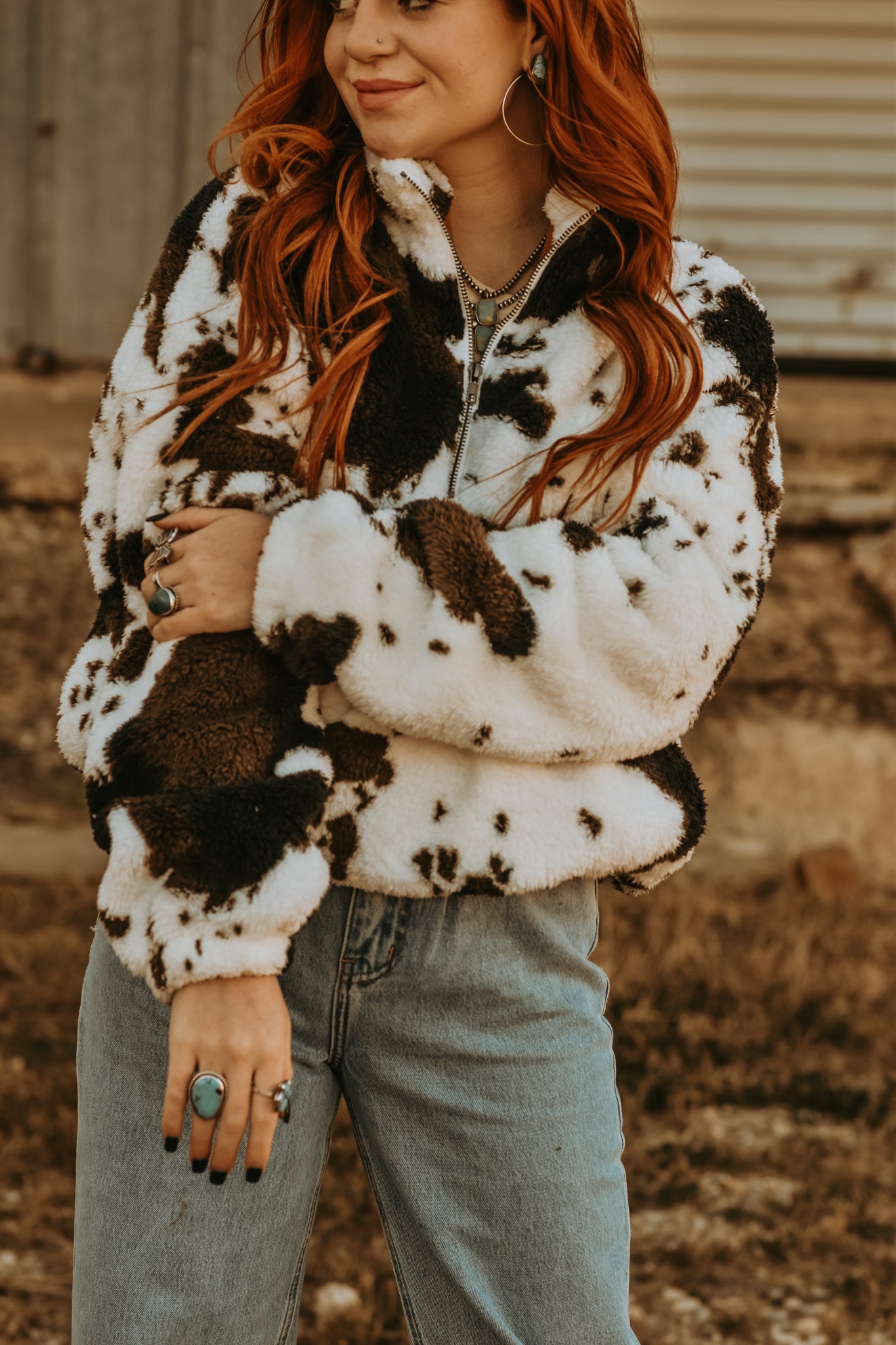 Cow Print Sherpa Pullover