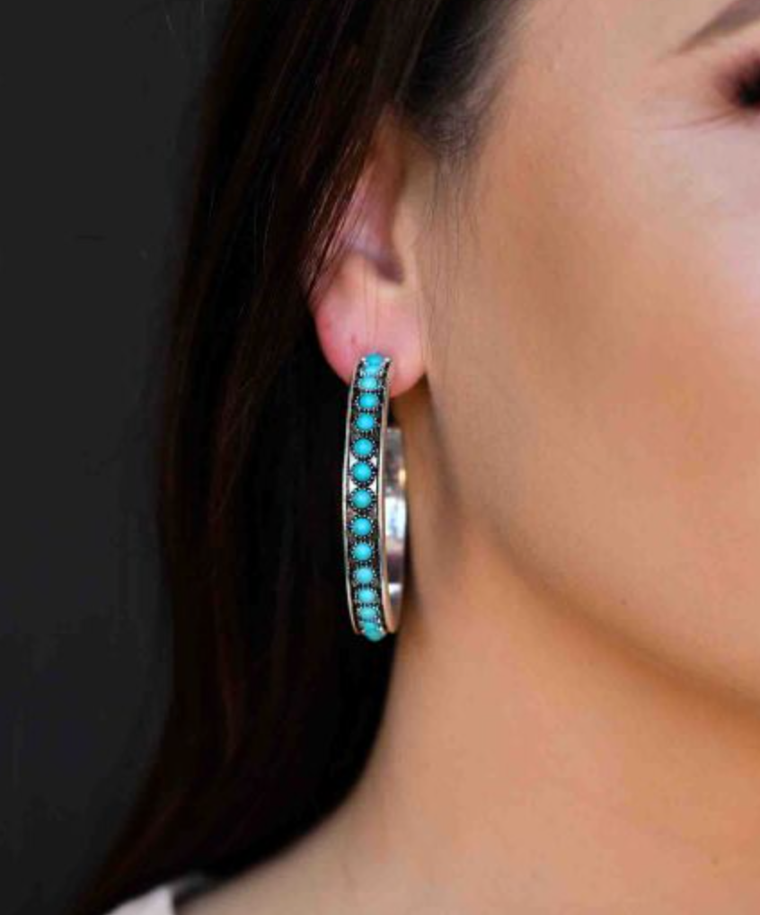 Burnished Silver and Turquoise Stone Hoop Earrings