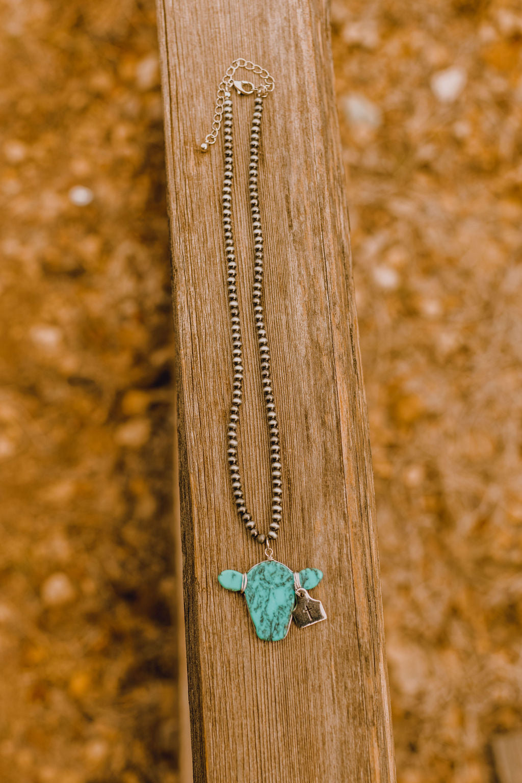 Turquoise Cow and Cattle Tag Charm Pearl Necklace