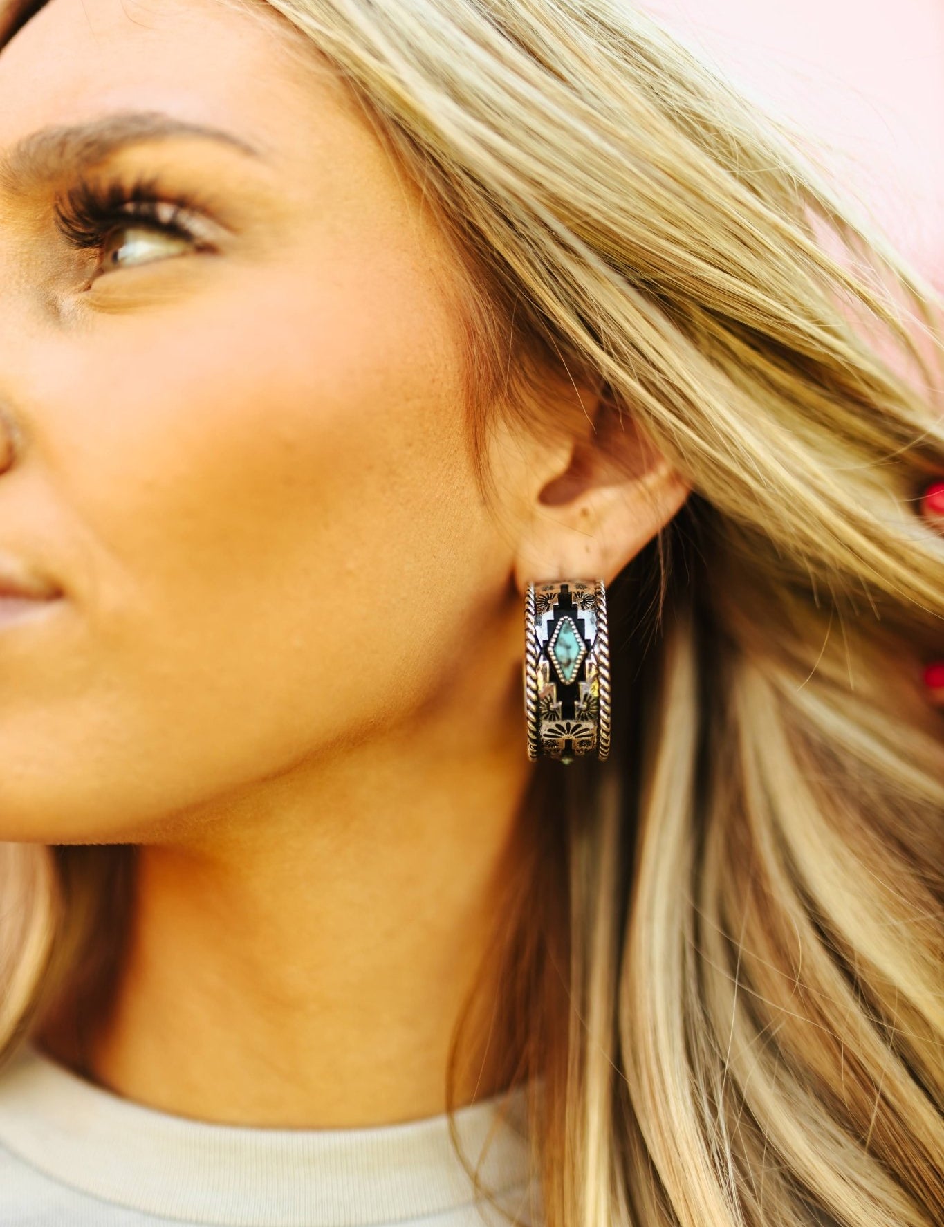 Aztec and Turquoise Textured Hoop EarringsSilverOS