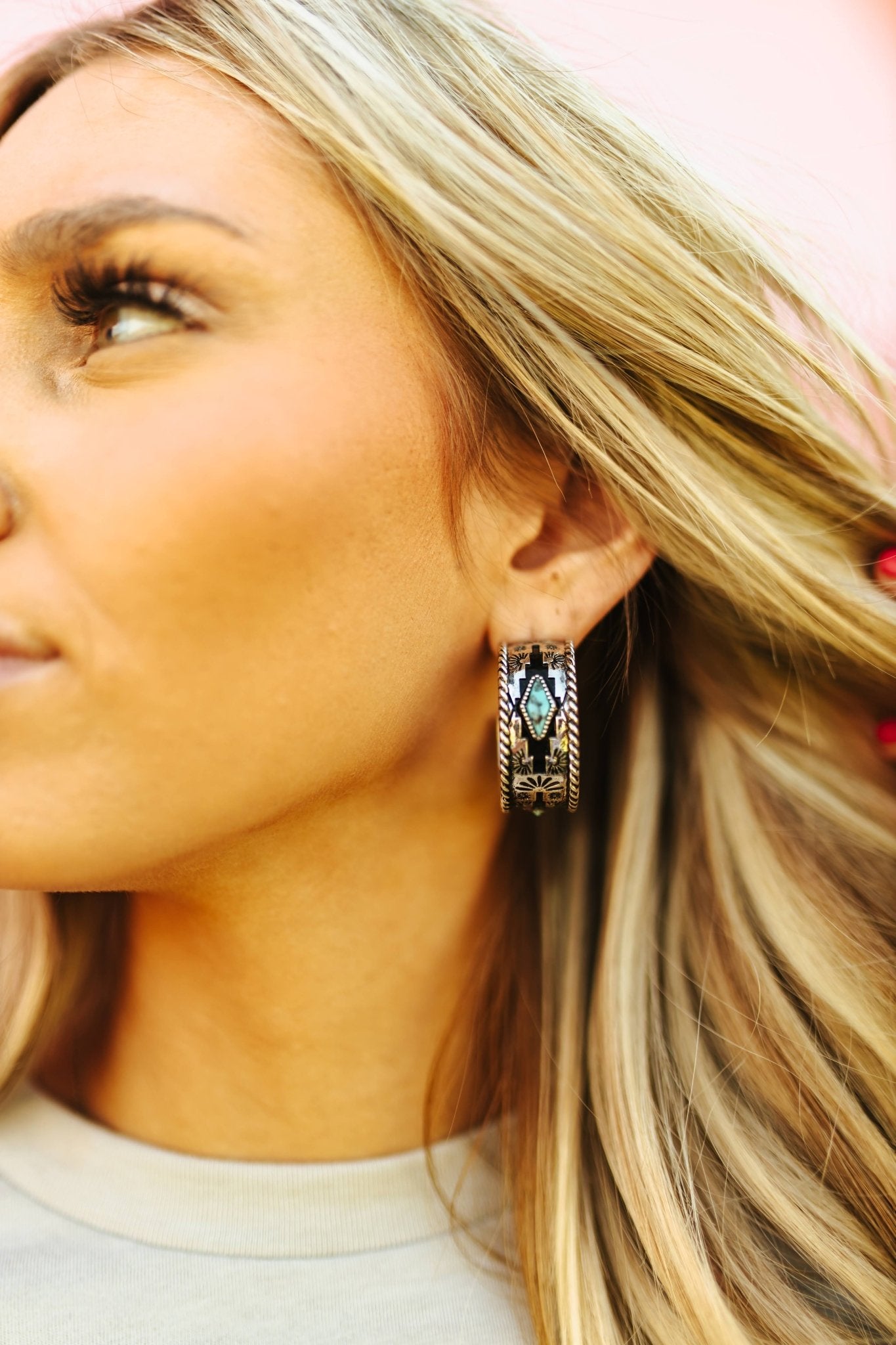 Aztec and Turquoise Textured Hoop EarringsSilverOS