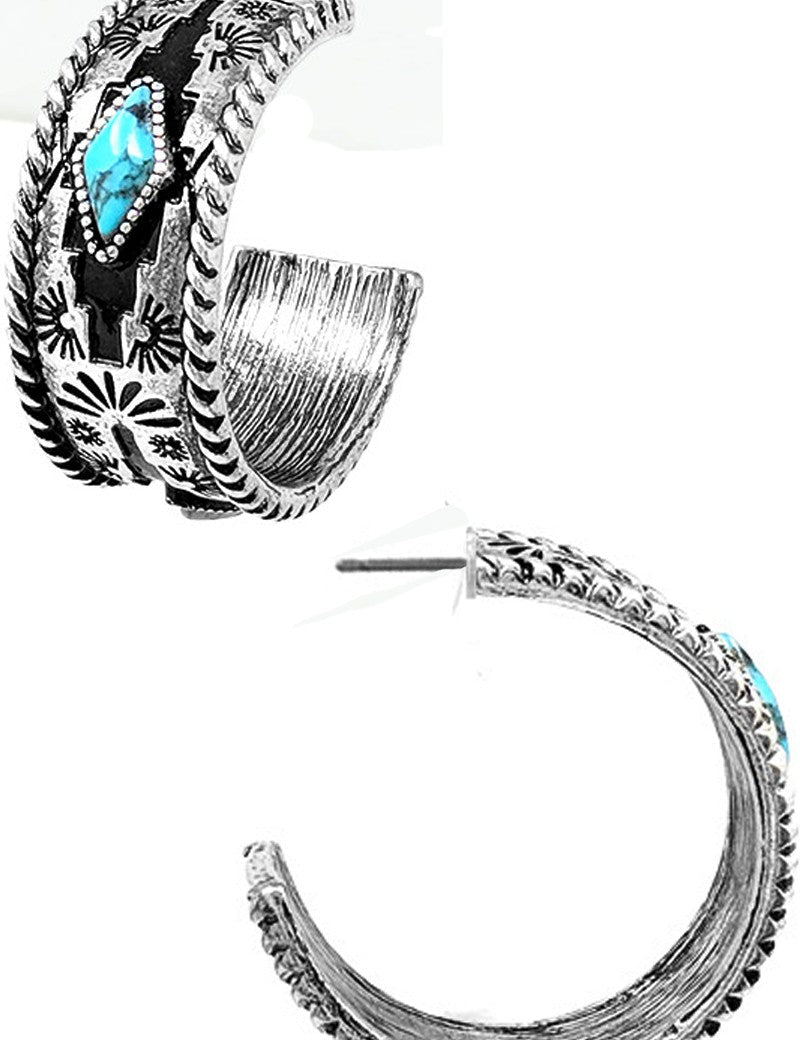 Aztec and Turquoise Textured Hoop EarringsSilverOS
