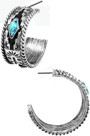 Aztec and Turquoise Textured Hoop EarringsSilverOS