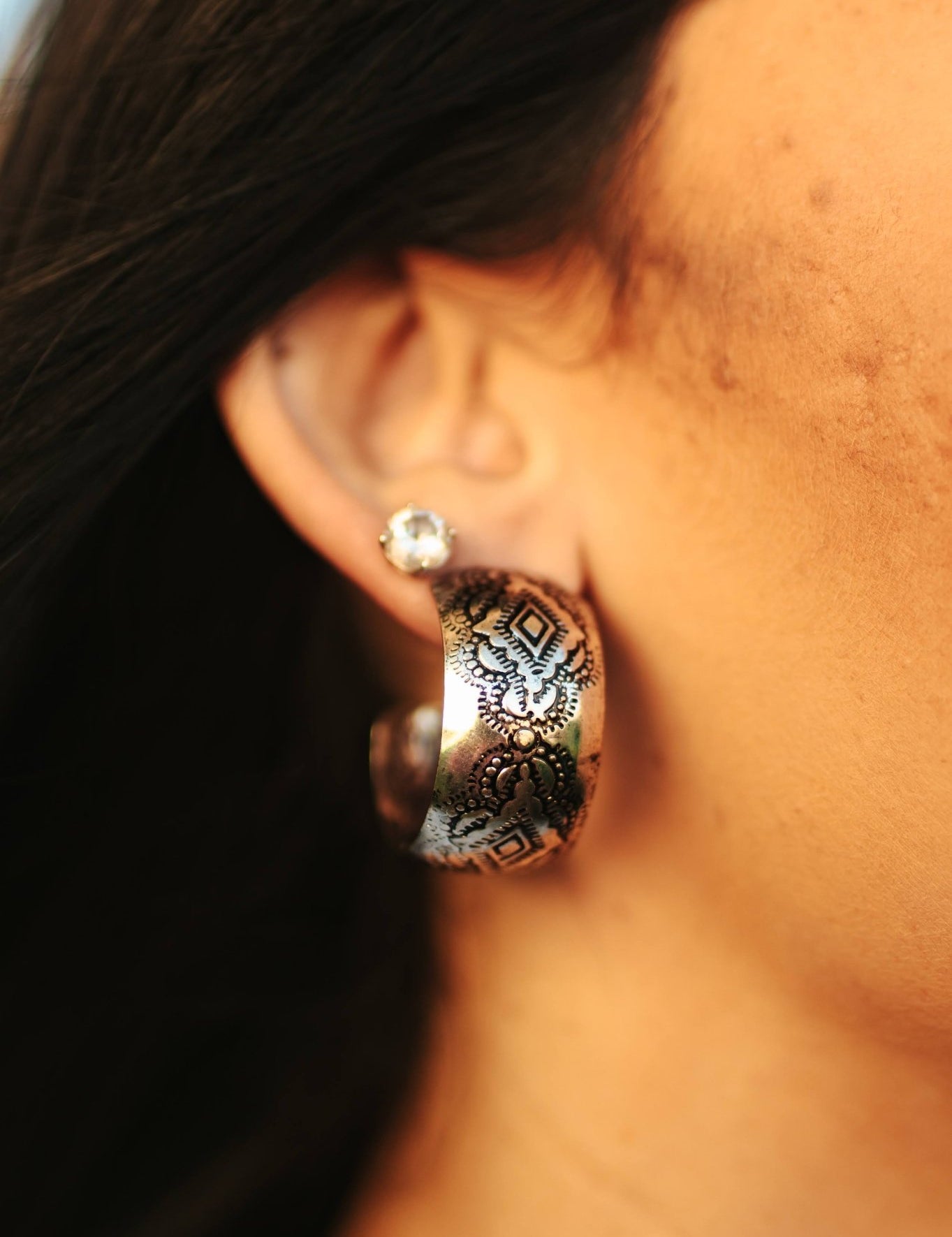 Aztec Stamped Open Hoop EarringsSilverOS