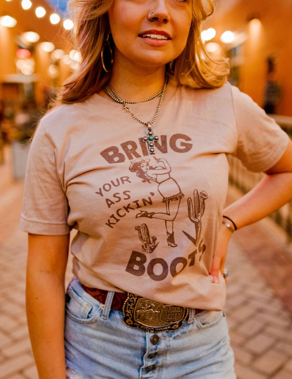 Bring Your Ass Kickin Boots Graphic TeePink GravelS
