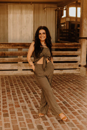 Cut Out Front Tie JumpsuitOliveS