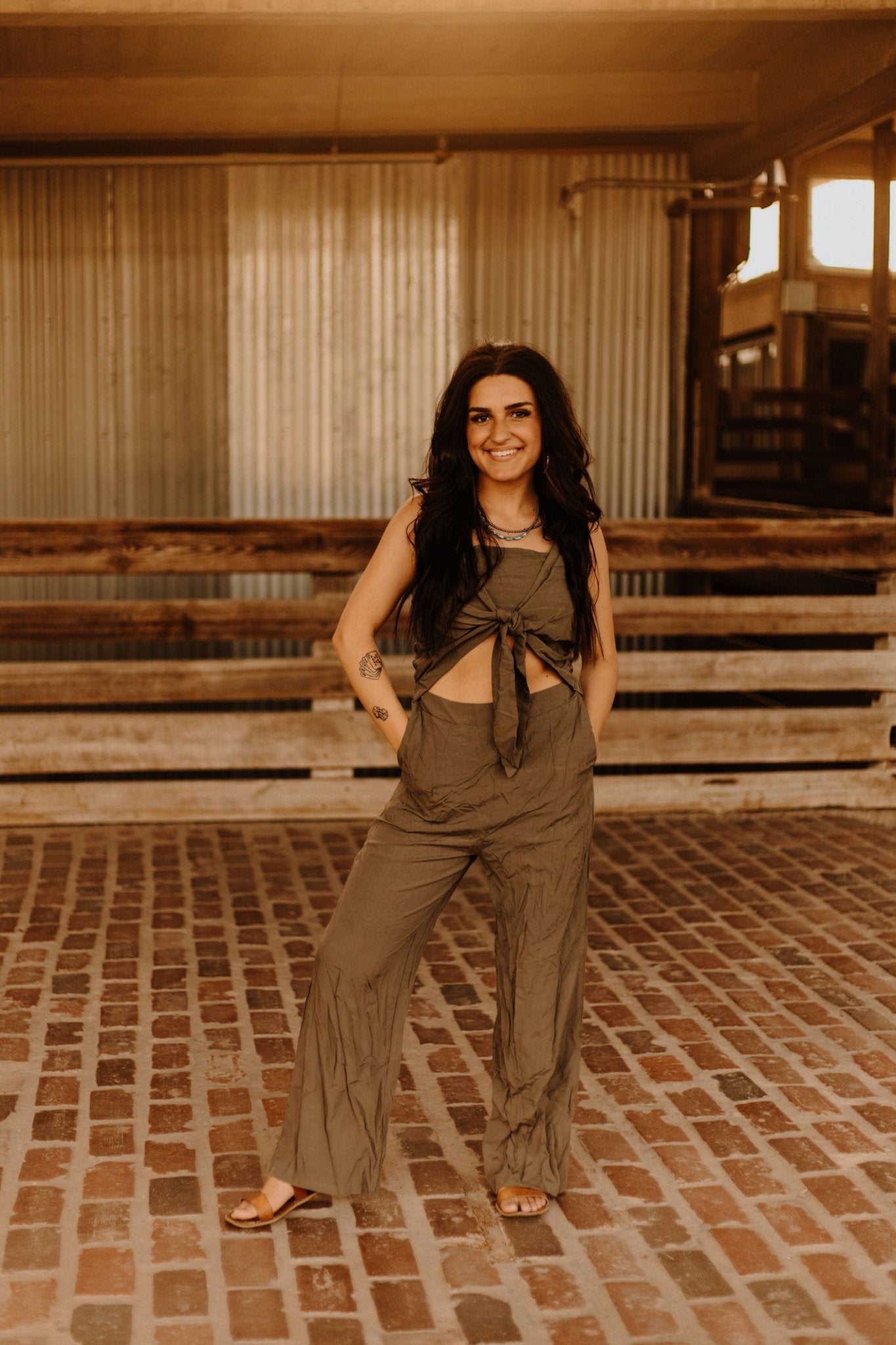 Cut Out Front Tie JumpsuitOliveS