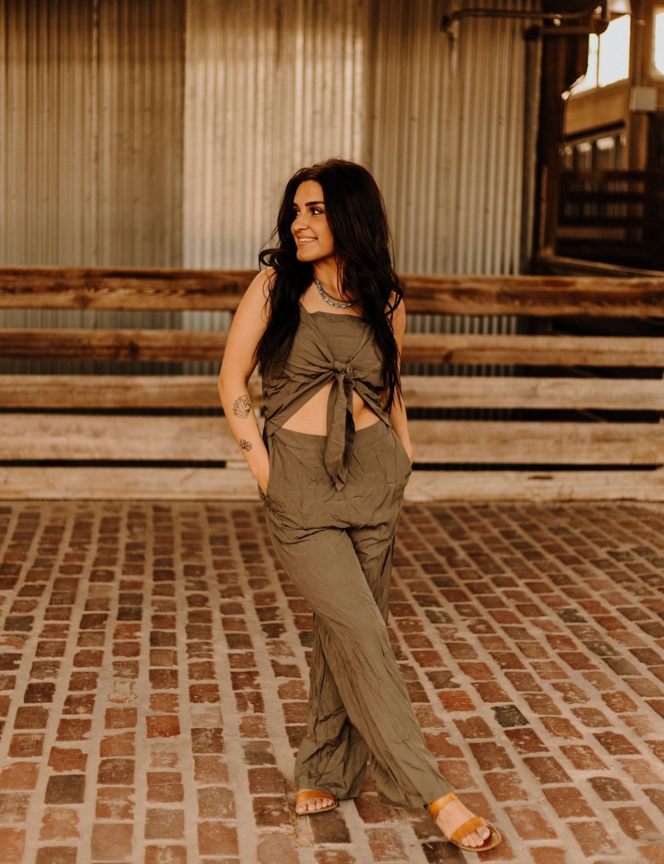 Cut Out Front Tie JumpsuitOliveS
