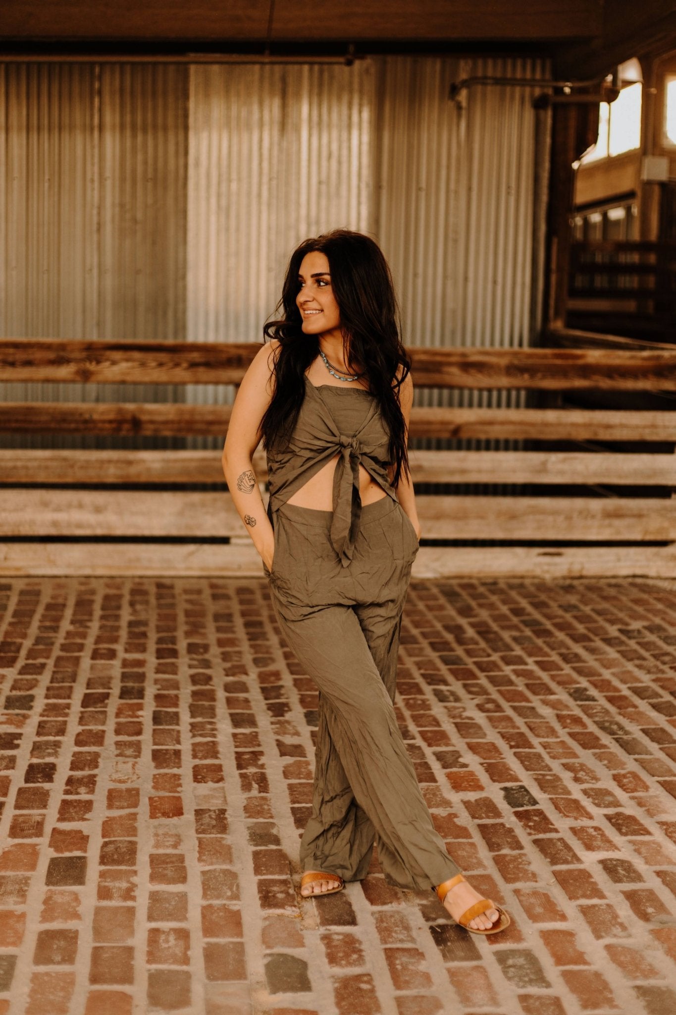 Cut Out Front Tie JumpsuitOliveS