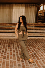 Cut Out Front Tie JumpsuitOliveS