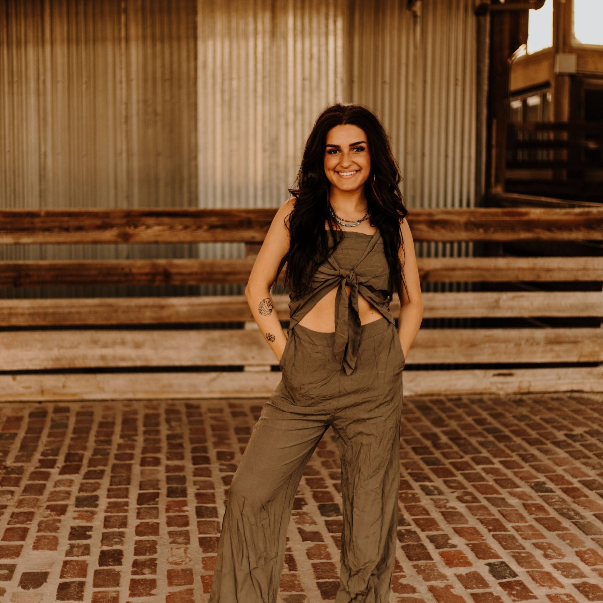 Cut Out Front Tie JumpsuitOliveS