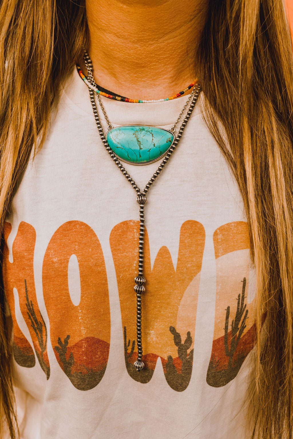 Faux Navajo Pearl Western Lariat NecklaceSilverOS